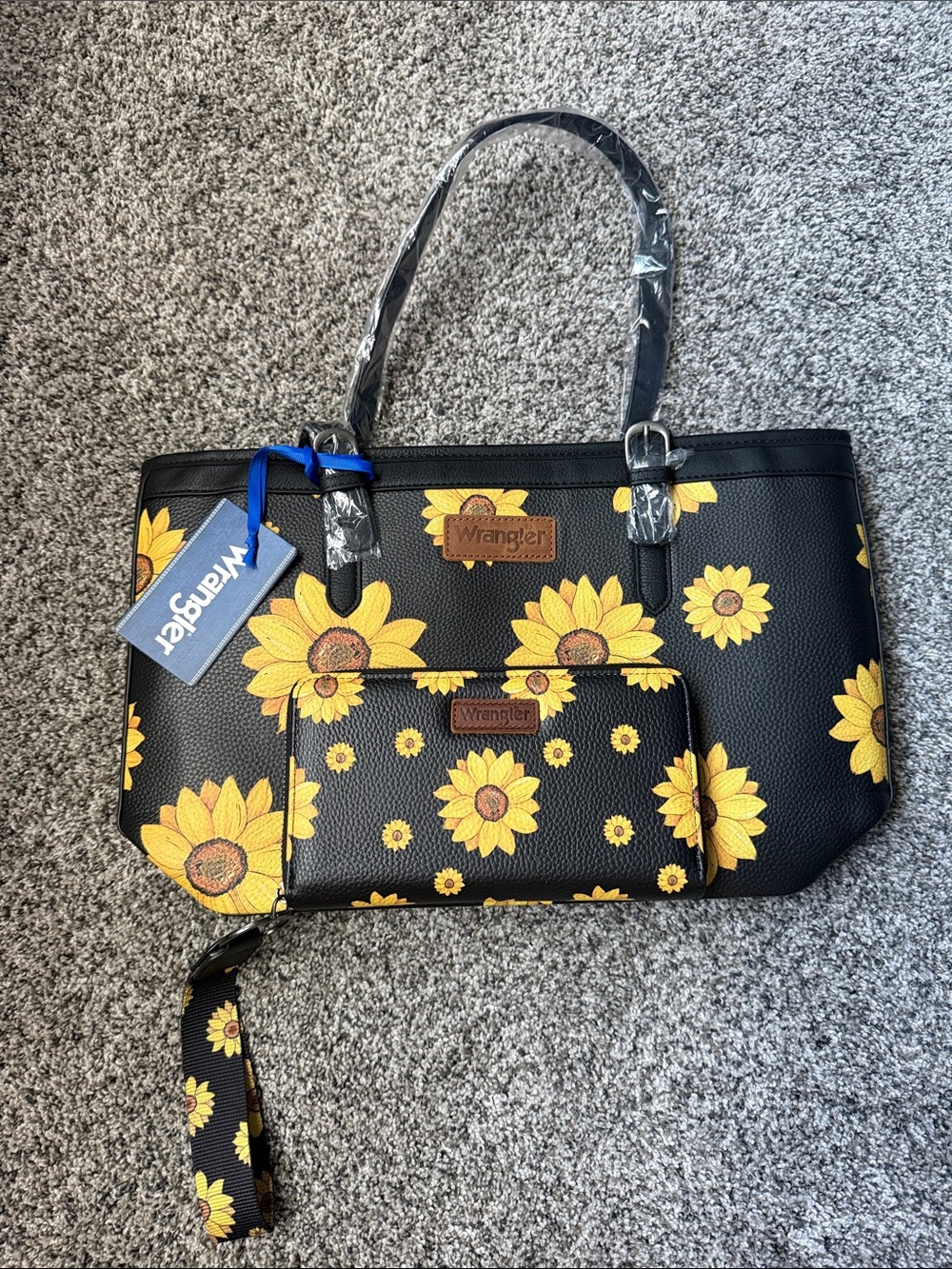 Wrangler Black Tote Purse with Yellow Sunflower Print and Matching Wallet
